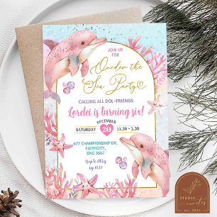 Pink Dolphins Sea Party First Birthday Girl Invitation
