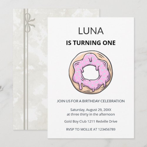 Pink Donut 1st Birthday Invitation Girl 