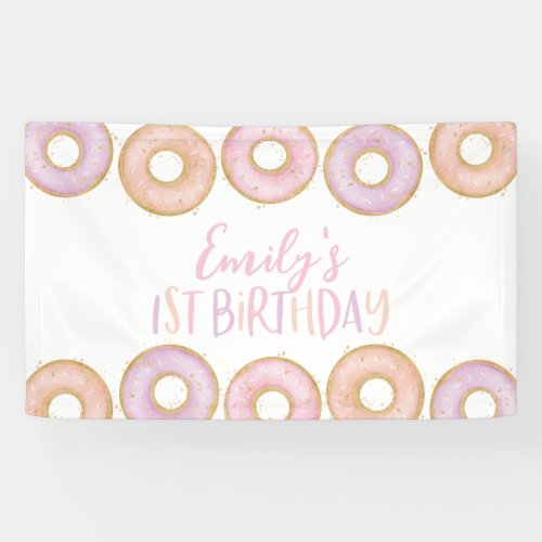Pink Donut 1st Birthday Party Banner Backdrop