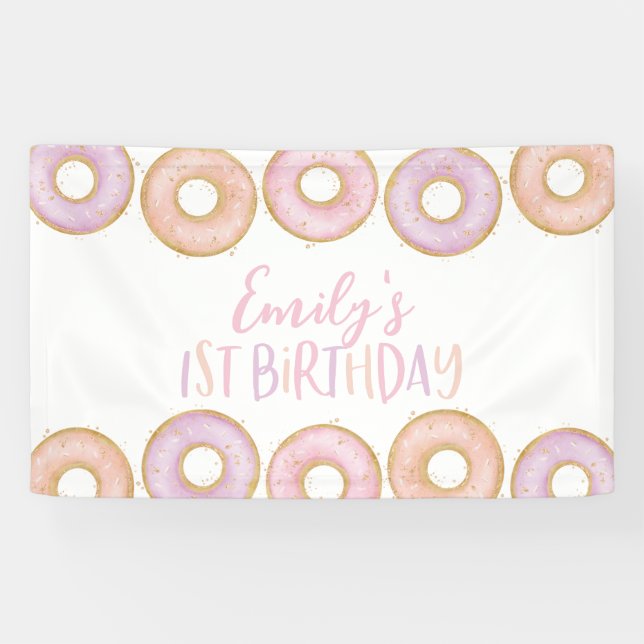 Pink Donut 1st Birthday Party Banner Backdrop (Horizontal)