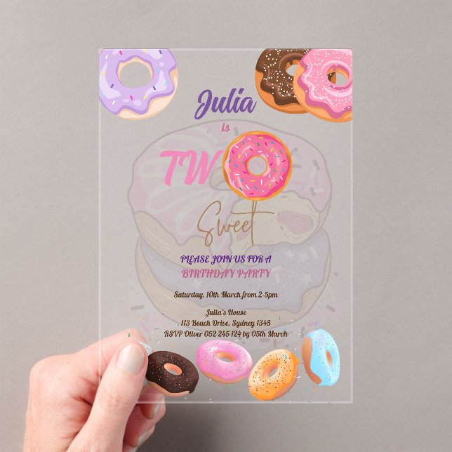 Pink Donut 2nd birthday Acrylic Invitations (Insitu (Handheld))