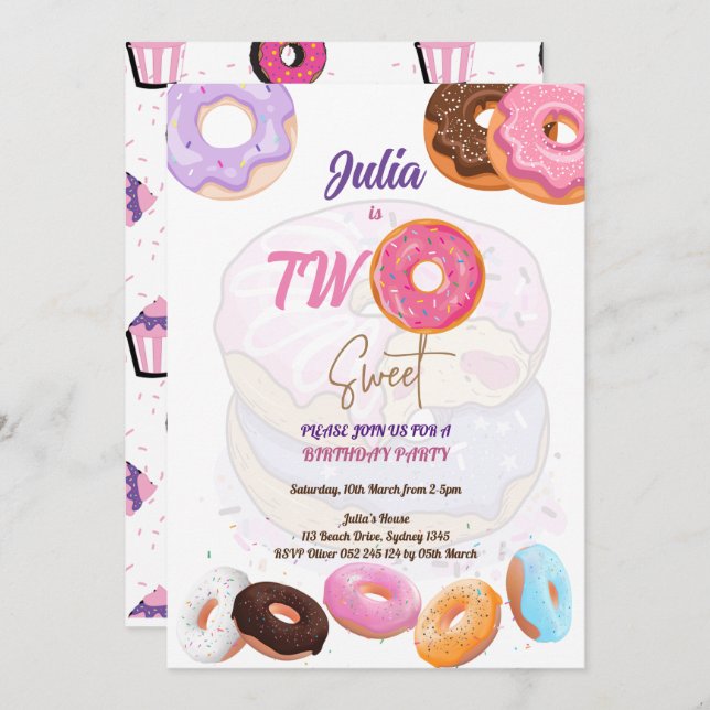 Pink Donut 2nd birthday invitation (Front/Back)