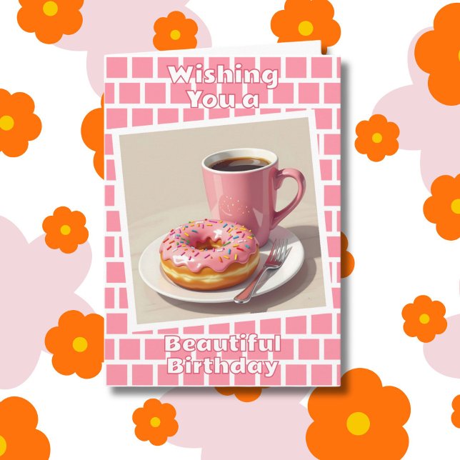 Pink Donut and Coffee Happy Birthday Personalized  Card (Creator Uploaded)