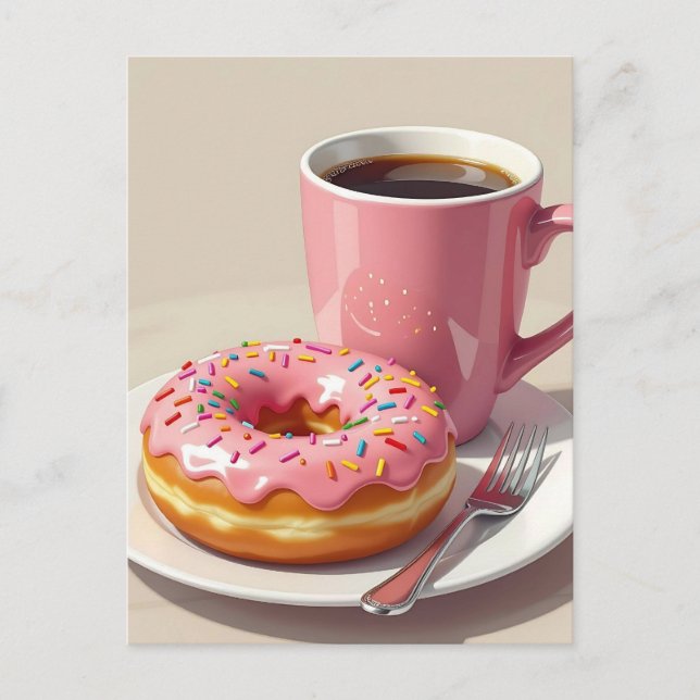 Pink Donut and Coffee | Keeping in Touch Postcard (Front)