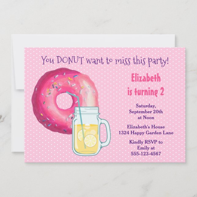 Pink Donut And Lemonade Birthday Party Invite (Front)