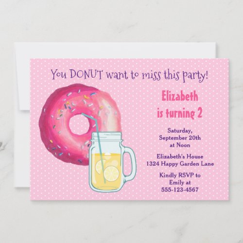 Pink Donut And Lemonade Birthday Party Invite