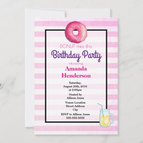 Pink Donut And Lemonade Fancy Birthday Invite