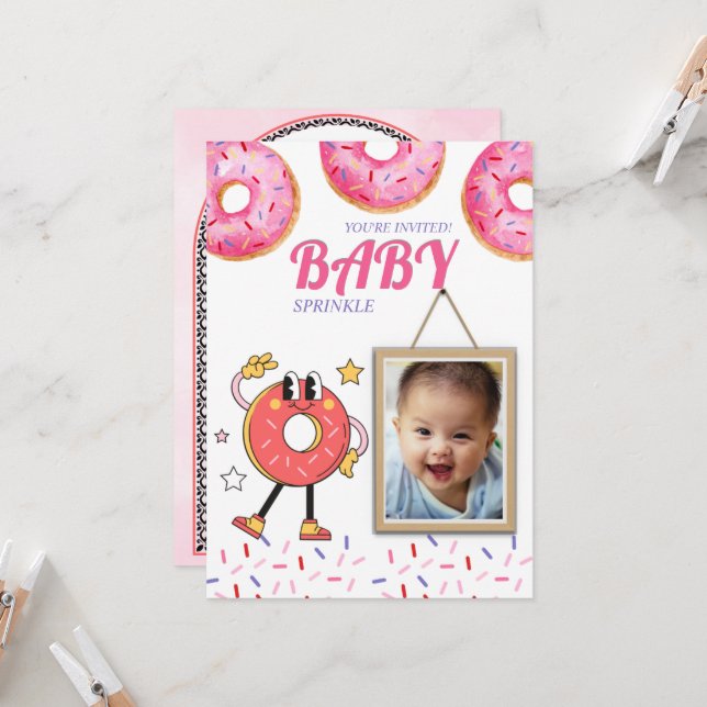 Pink Donut Baby Sprinkle Customizable Invitation. Invitation (Front/Back In Situ)