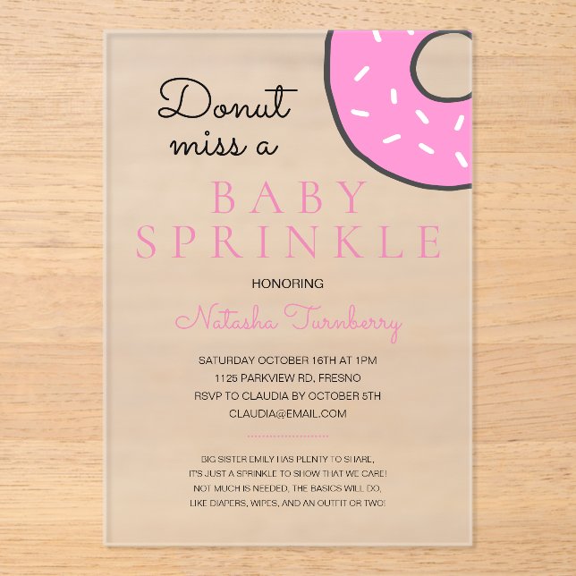 Pink Donut Baby Sprinkle Girl Baby Shower Acrylic Invitations (Front)