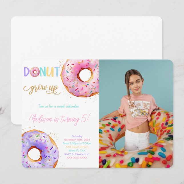 Pink Donut Birthday Party Photo Invitation (Front/Back)