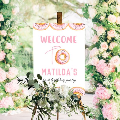 Pink donut birthday party welcome sign