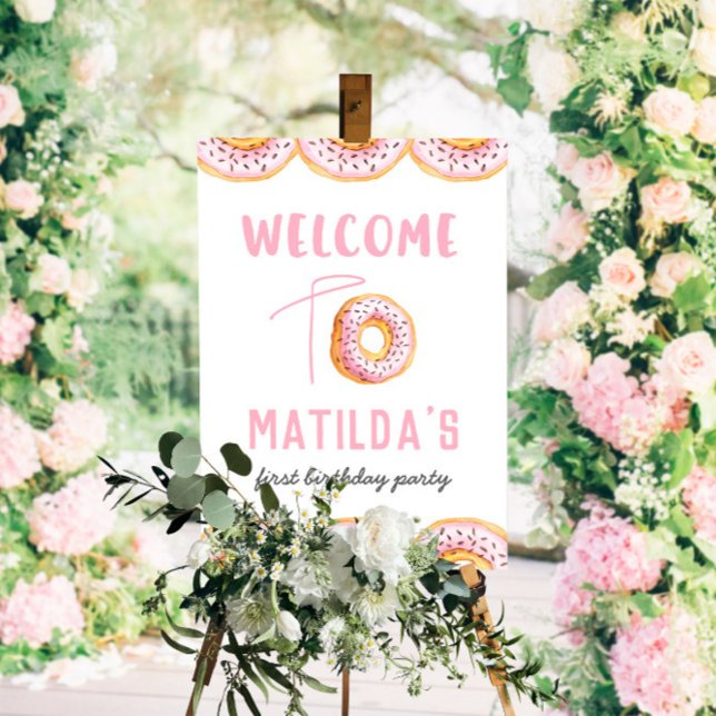 Pink donut birthday party welcome sign (Creator Uploaded)
