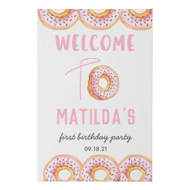 Pink donut birthday party welcome sign (Front)