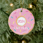 Pink Donut Chef, Cook or Baker Christmas Ceramic Ornament<br><div class="desc">This design features our cute pink donut with sprinkles, in a pink, purple and mint green color scheme. Click the customize button if you would like to move/scale the images and further modify the text! Variations of this design, additional colors, as well as coordinating products are available in our shop,...</div>