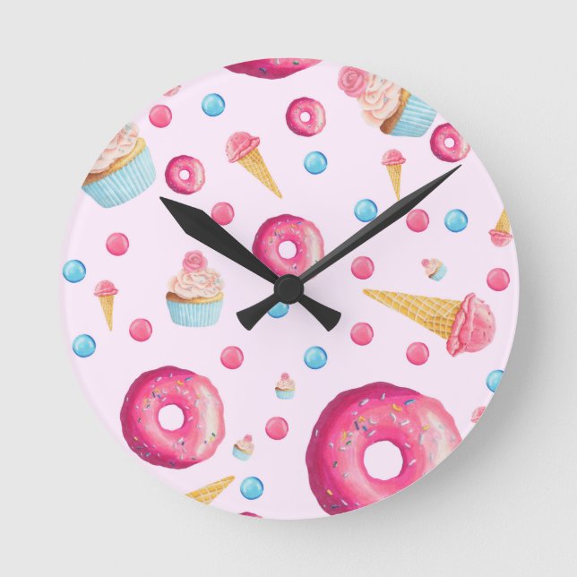 Pink Donut Collage Round Clock (Front)