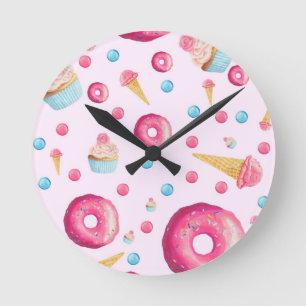 Pink Donut Collage Round Clock