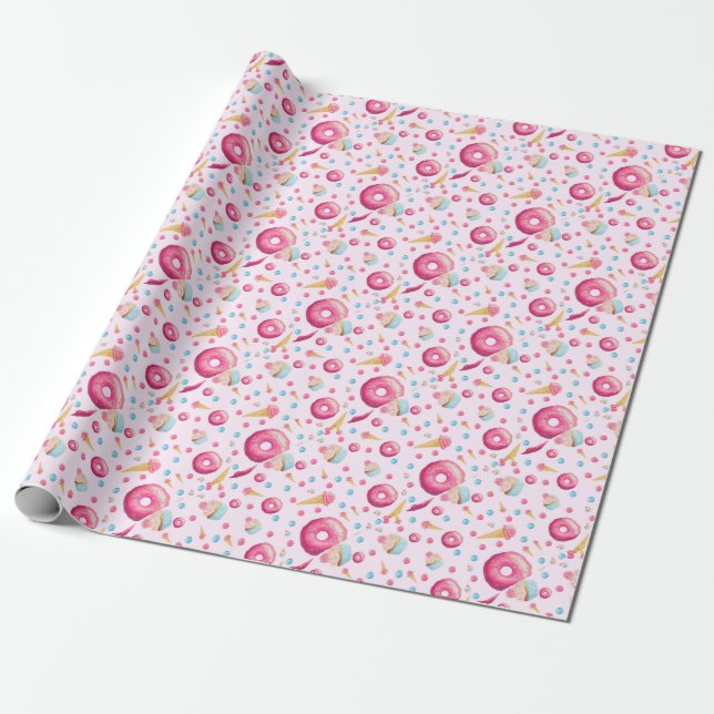 Pink Donut Collage Wrapping Paper (Unrolled)