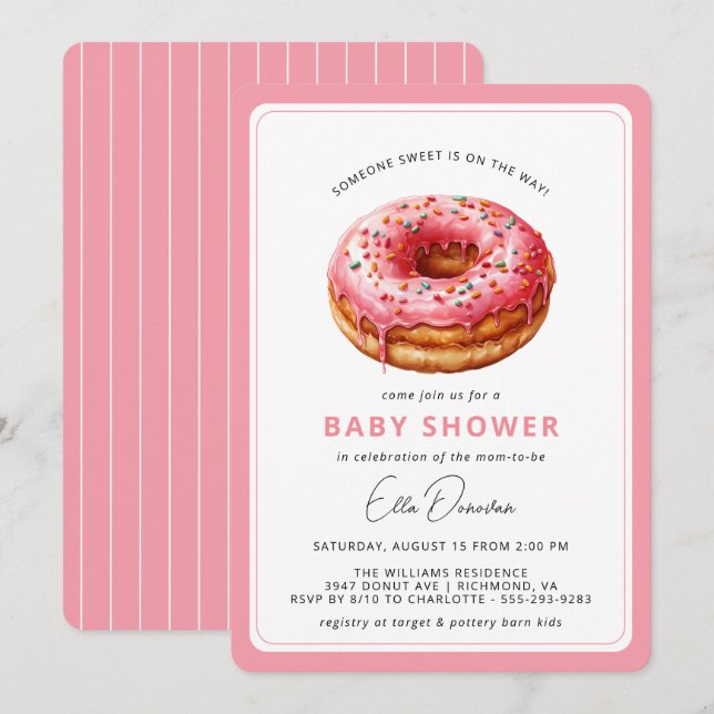 Pink Donut | Cute Dessert Theme Girl Baby Shower Invitation (Front/Back)