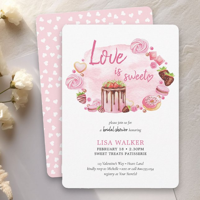 Pink Donut Desserts Valentine Bridal Shower Invitation (Love is Sweet Bridal Brunch Invitation - order printed or as printable instant download)