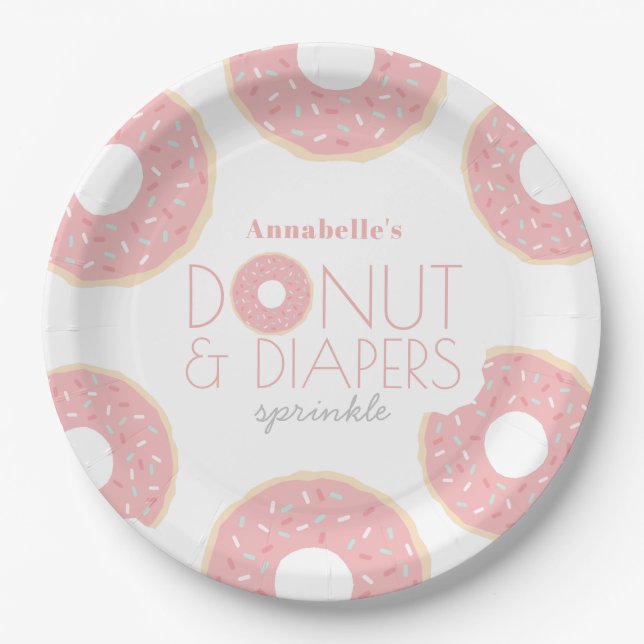 Pink Donut & Diapers Baby Shower Sprinkle Paper Plates (Front)