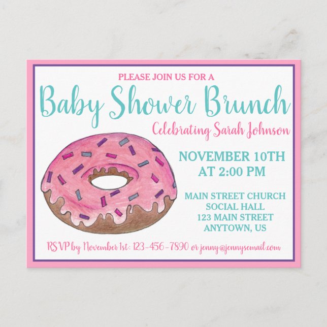 Pink Donut Doughnut Baby Shower Birthday Party Invitation Postcard (Front)