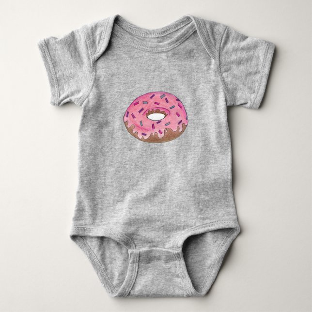Pink Donut Doughnut Sprinkles Breakfast Junk Food Baby Bodysuit (Front)