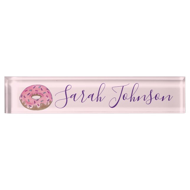 Pink Donut Doughnut Sprinkles Frosting Foodie Desk Name Plate (Front)