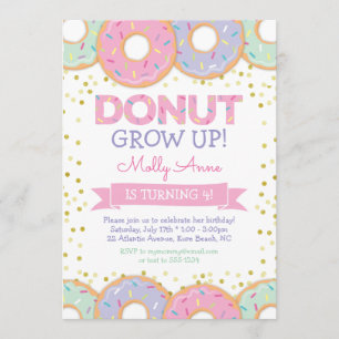 Pink Donut Girl Birthday Invitation Gold Sprinkles