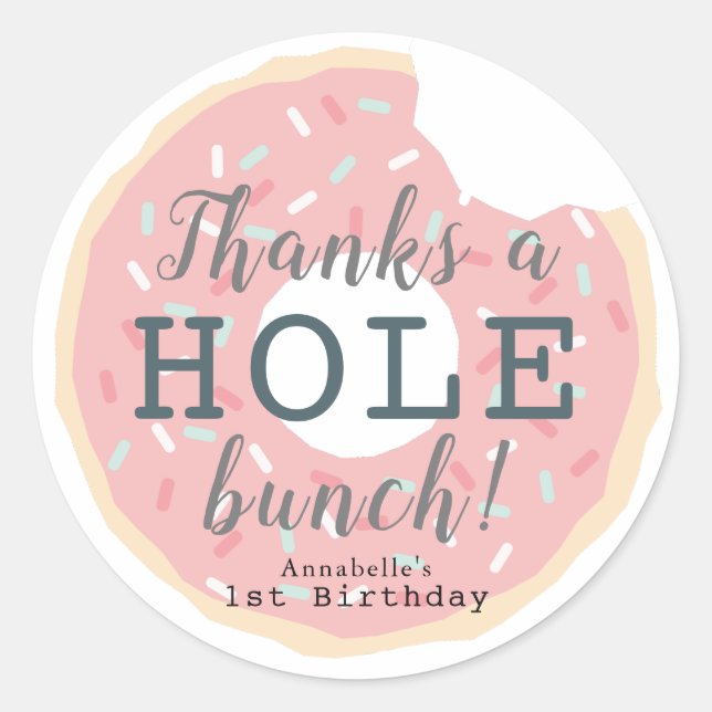Pink Donut Girl's Birthday Thank You Classic Round Sticker (Front)