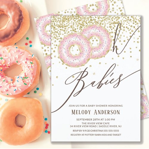 Pink Donut Oh Babies Twin Girls Baby Shower Invitation