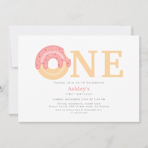 Pink Donut One 1st Birthday  Invitation