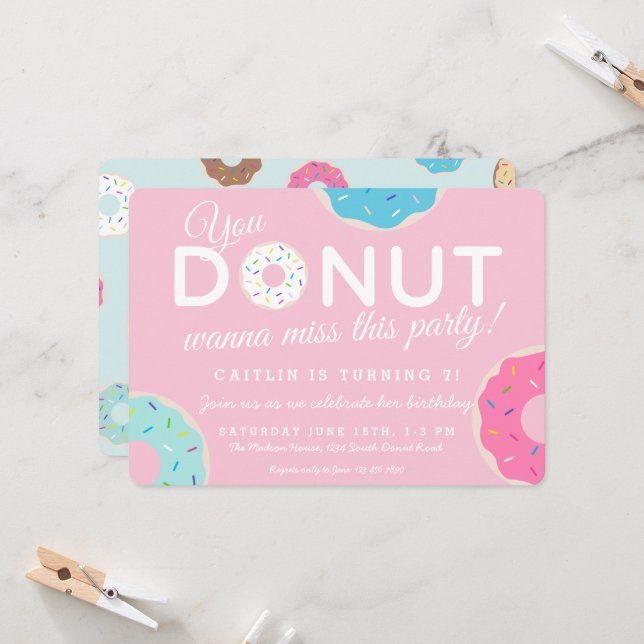 Pink Donut Party Invitation | Donut Birthday Party (Front/Back In Situ)