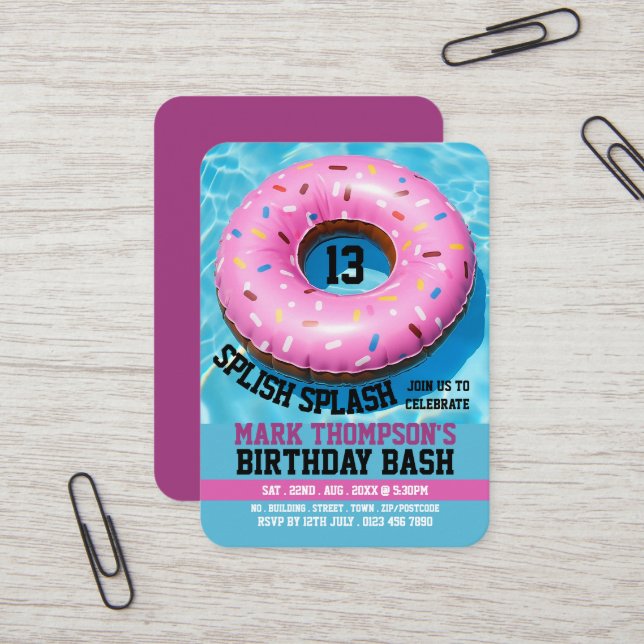 Pink Donut, Pool Party Birthday Handout Tickets (Front/Back In Situ)