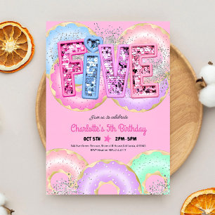 Pink Donut Sequin Glitter 5th Birthday Invitation