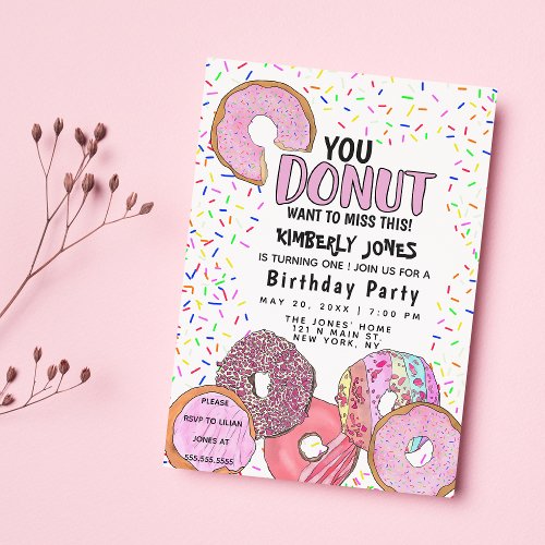 Pink Donut Sprinkle Confetti Birthday Party Invitation