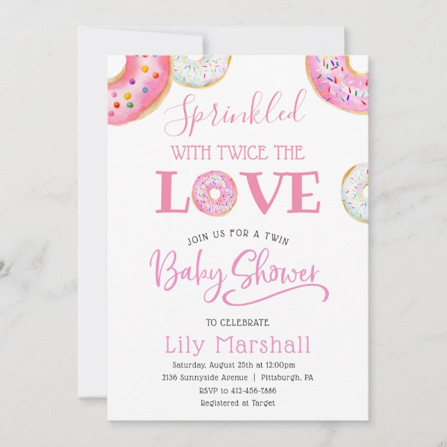 Pink Donut Sprinkled with Twice the Love Twin Baby Invitation (Front)