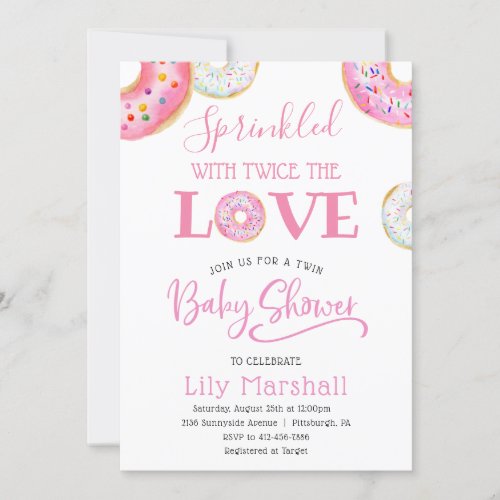 Pink Donut Sprinkled with Twice the Love Twin Baby Invitation