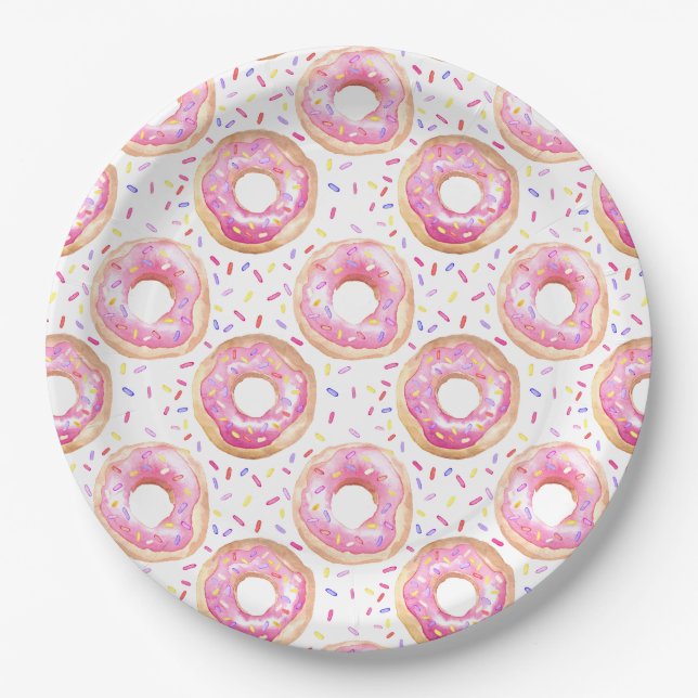 Pink Donut Sprinkles 1st Birthday Party Paper Plates (Front)
