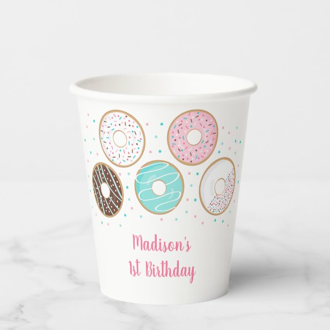 Pink Donut Sprinkles Birthday Paper Cups (Front)