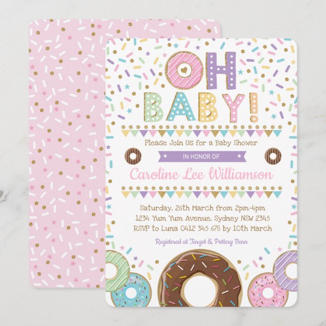 Pink Donut Sprinkles Girl Baby Shower invitation (Front/Back)