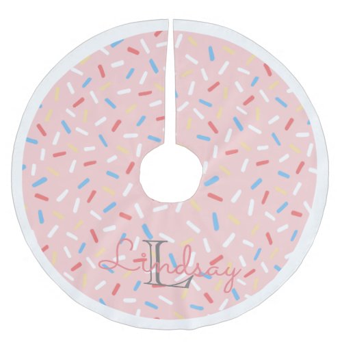 Pink Donut Sprinkles girls christmas monogrammed Brushed Polyester Tree Skirt