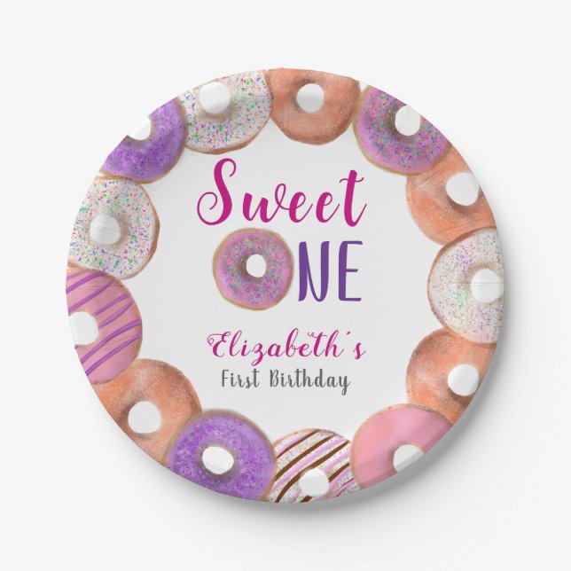 Pink Donut Sweet One First Birthday Custom Paper Plates (Front)