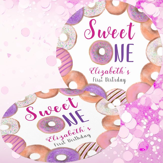 Pink Donut Sweet One First Birthday Custom Round Paper Coaster (Creator Uploaded)