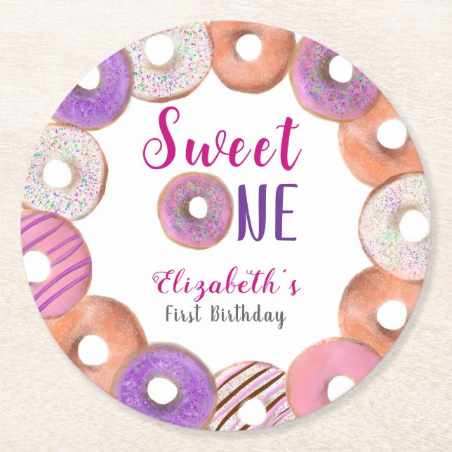 Pink Donut Sweet One First Birthday Custom Round Paper Coaster (Front)