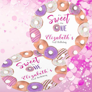 Pink Donut Sweet To Be One First Birthday Custom Round Paper Coaster