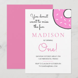 Pink Donut Turning One First Birthday Invitation