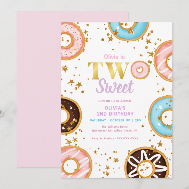 Pink Donut Two Sweet 2nd Birthday Invitation (Front/Back)