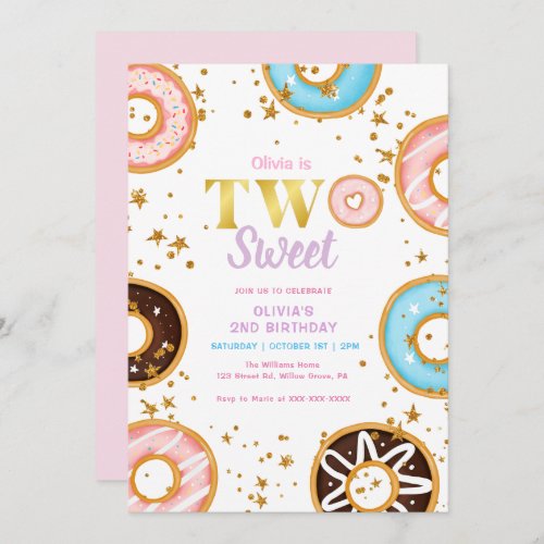 Pink Donut Two Sweet 2nd Birthday Invitation