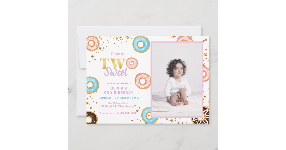 Pink Donut Two Sweet 2nd Birthday Invitation | Zazzle