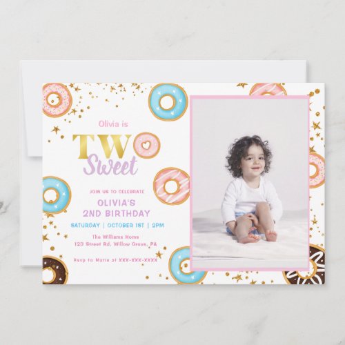 Pink Donut Two Sweet 2nd Birthday Invitation